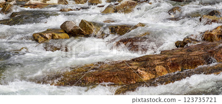 Sun shines on rapid spring river flowing over brown rocks, wide banner 123735721