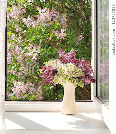 Bouquet with spring lilac flowers in a vase on a sunny window, abstract floral arrangement, still life with flowering tree branches, home interior with decor elements, floral birthday card, wedding, Bouquet with spring lilac flowers in a vase on a sunny window, abstract floral arrangement, still life with flowering tree branches, home interior with decor elements, floral birthday card, wedding, 123735859