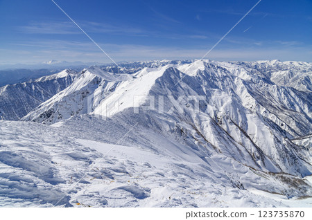 The Tanigawa mountain range in midwinter: A spectacular view of the blue sky and mountain ranges (Gunma Prefectural Border Ridge Trail) 123735870