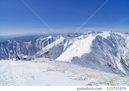 The Tanigawa mountain range in midwinter: A spectacular view of the blue sky and mountain ranges (Gunma Prefectural Border Ridge Trail) 123735874