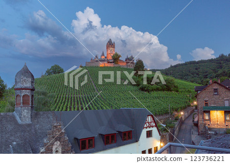 Reichsburg Castle and Vineyards at Dusk, Cochem, Germany 123736221