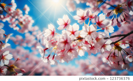 Cherry blossoms in full bloom shining in the blue sky 123736376