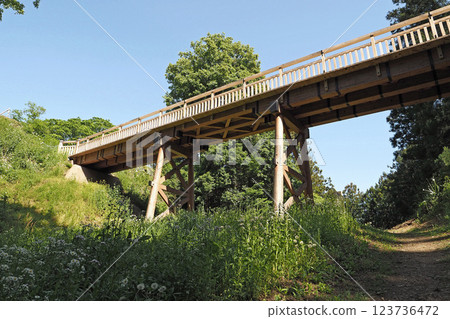 Reconstructed wooden bridge at the Honmatsu-nishi Tiger's Gate of Minowa Castle [Takasaki City, Gunma Prefecture] 123736472