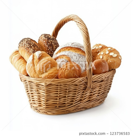 Wicker basket filled with an assortment of bread. Freshly baked breads and rolls on a white background. 123736583