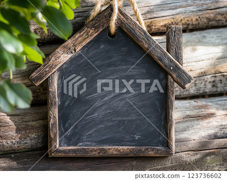 Wooden house-shaped chalkboard with space for a message. 123736602