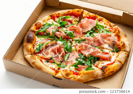 Prosciutto italian pizza in take-out box isolated on white. 123736614