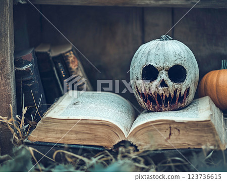 Spooky Halloween still life with pumpkin and vintage book on wooden table, surrounded by autumnal leaves. 123736615