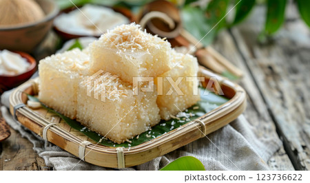 tapioca cake or cassava cake with grated coconut 123736622
