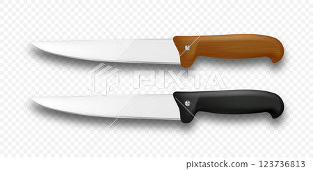 Realistic Vector 3d Kitchen Knives Set, Isolated. Chef, Utility Knife, Sharp Stainless Steel Blades with Wooden and Black Handle. Cooking Tools, Professional Kitchen Utensils, Vector Illustration Realistic Vector 3d Kitchen Knives Set, Isolated. Chef, Utility Knife, Sharp Stainless Steel Blades with Wooden and Black Handle. Cooking Tools, Professional Kitchen Utensils, Vector Illustration 123736813