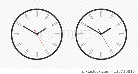 Flat Vector Wall Office Clock Face Set. Clock Dial and Clock Hands Closeup Isolated. Design Template. Simple Minimalistic Wall Clocks in Front View 123736816