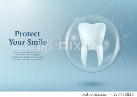 Protect Your Smile. Vector 3D Realistic Tooth in a Protective Bubble Isolated on a Blue Background. Design Template, Clipart, Mockup. Dentistry, Healthcare, Medical, Hygiene, Protection Concept Protect Your Smile. Vector 3D Realistic Tooth in a Protective Bubble Isolated on a Blue Background. Design Template, Clipart, Mockup. Dentistry, Healthcare, Medical, Hygiene, Protection Concept 123736826