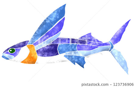 一幅美麗的馬賽克風格剪紙插圖，描繪了一條鹹水魚和飛魚 123736906