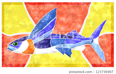 Cute tile cutout illustration of a saltwater fish, flying fish, with background 123736907