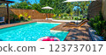 Modern backyard swimming pool with turquoise water, wooden deck, lounge chairs, umbrellas, and pink inflatable ring 123737017
