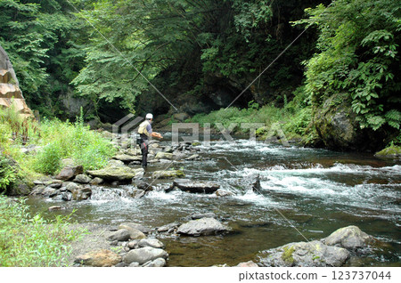 A man enjoying lure fishing in a steep mountain stream A man enjoying lure fishing in a steep mountain stream 123737044
