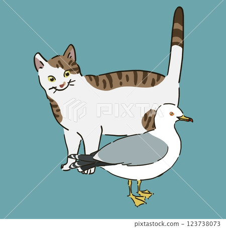 Illustration of a cat and a black-tailed gull Illustration of a cat and a black-tailed gull 123738073
