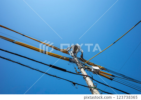 Electric wire protection covers and blue sky around the construction site a-1 Electric wire protection covers and blue sky around the construction site a-1 123738365