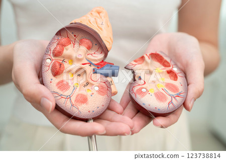 Chronic kidney disease, Asian woman with model for treatment urinary system, urology, Estimated glomerular filtration rate eGFR. Chronic kidney disease, Asian woman with model for treatment urinary system, urology, Estimated glomerular filtration rate eGFR. 123738814