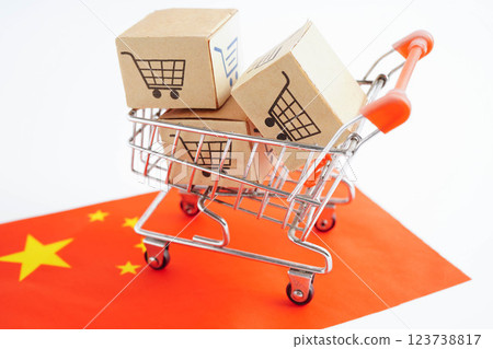 Online shopping, Shopping cart box on China flag, import export, finance commerce. 123738817