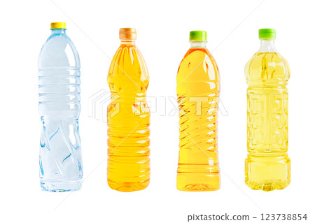 Vegetable oil and water plastic bottle isolated on white background, organic healthy food for cooking. 123738854