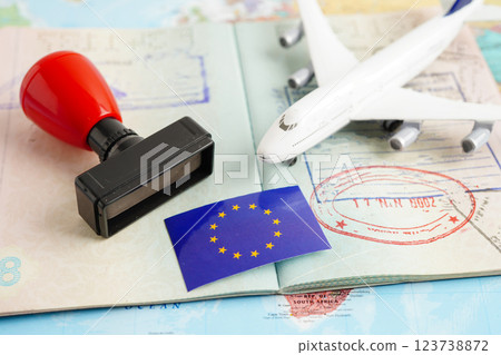 EU flag and passport with airplane for travel. 123738872