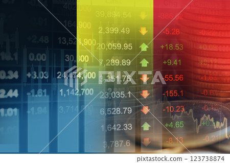 Belgium flag with stock market finance, economy trend graph digital technology. Belgium flag with stock market finance, economy trend graph digital technology. 123738874