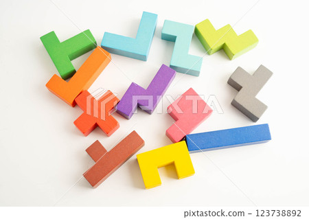 Logical thinking and problem solving problem solution creative business, wooden puzzle geometric block shape. 123738892