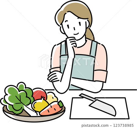 A woman wearing an apron thinking about a menu 123738985