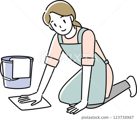 一名婦女穿著圍裙拖地 123738987