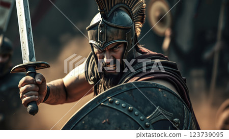 A portrait of a Roman warrior standing in the battlefield, his armor weathered and sword in hand, with a determined gaze. The concept of bravery, ancient warfare, and the spirit of a fearless soldier. 123739095