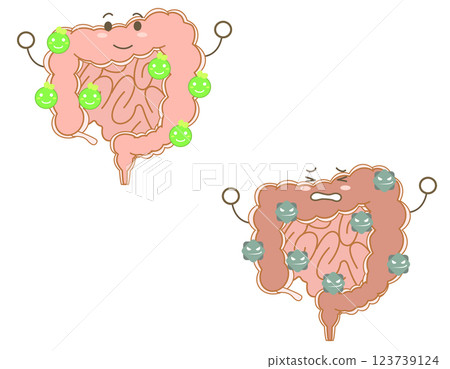 Character illustration of a large intestine dominated by good bacteria and a large intestine dominated by bad bacteria 123739124