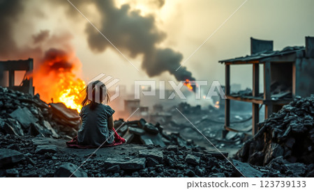 Child sit and gaze at war-torn buildings with deep sorrow. The concept of war devastation, loss, and the impact of conflict on innocent lives. Generative AI. 123739133