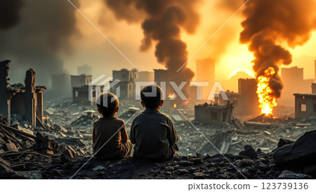Child sit and gaze at war-torn buildings with deep sorrow. The concept of war devastation, loss, and the impact of conflict on innocent lives. Generative AI. 123739136
