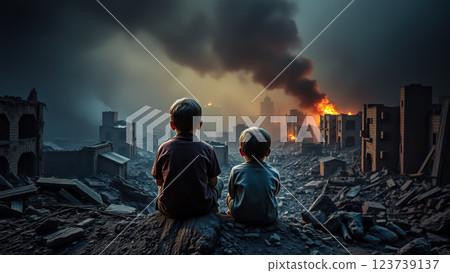 Child sit and gaze at war-torn buildings with deep sorrow. The concept of war devastation, loss, and the impact of conflict on innocent lives. Generative AI. 123739137