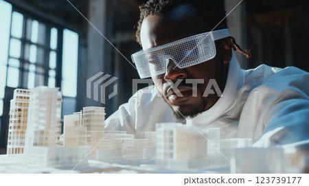 An architect studies a blueprint while planning a building with VR glasses. The concept emphasizes the importance of careful design and precision in architecture. Generative AI. 123739177