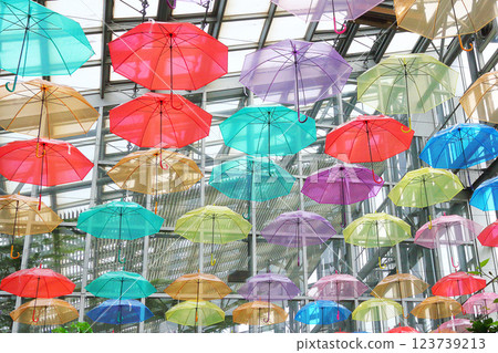 Colorful umbrella sky 123739213