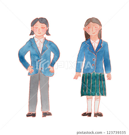 兩個穿著制服、褲子和裙子的女孩的水彩畫 123739335