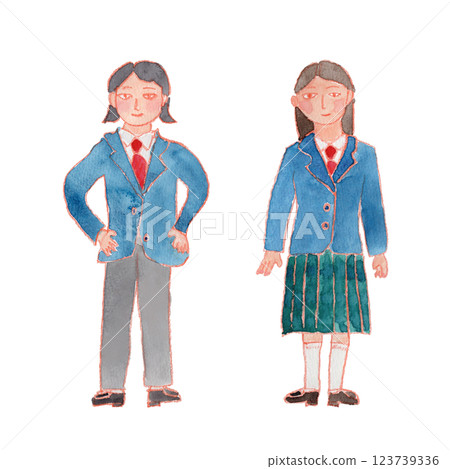 Watercolor illustration of two girls in uniforms with pants and skirt Watercolor illustration of two girls in uniforms with pants and skirt 123739336