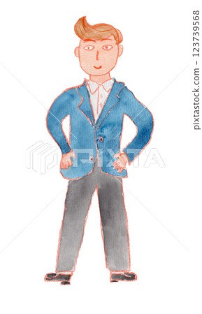 Watercolor illustration of a boy in uniform with his hands on his hips Watercolor illustration of a boy in uniform with his hands on his hips 123739568