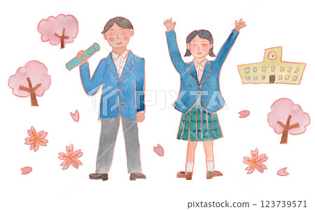 Watercolor illustration of a graduation ceremony where men and women in uniforms are happy 123739571