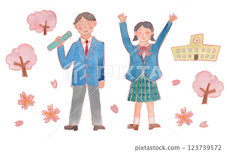 畢業典禮的水彩畫,穿著制服的男女都很開心 畢業典禮的水彩畫,穿著制服的男女都很開心 123739572