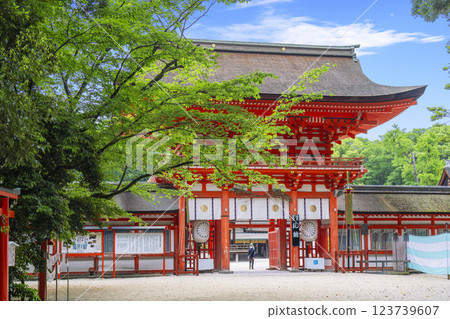 Kyoto in early summer: Shimogamo Shrine tower gate Kyoto in early summer: Shimogamo Shrine tower gate 123739607