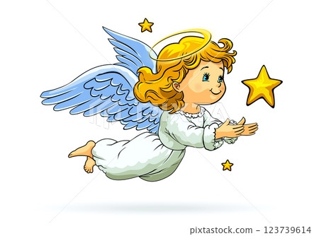 Adorable cartoon angel isolated on white, with golden hair, blue wings, and a glowing halo Adorable cartoon angel isolated on white, with golden hair, blue wings, and a glowing halo 123739614