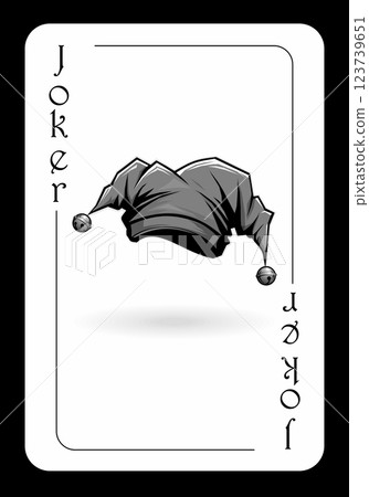 Playing card joker with the image of a red jesters cap with golden bells Playing card joker with the image of a red jesters cap with golden bells 123739651