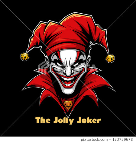 Evil jester with a sinister grin, wearing a red hat with bells Evil jester with a sinister grin, wearing a red hat with bells 123739678