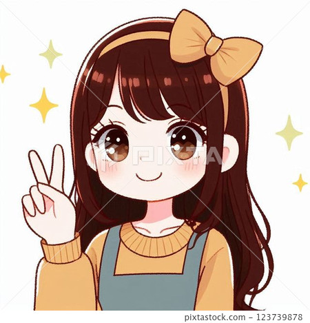 一名戴著絲帶頭帶並微笑著做出和平手勢的女子的插圖 一名戴著絲帶頭帶並微笑著做出和平手勢的女子的插圖 123739878