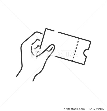 Mockup icon of a hand holding a ticket/coupon (line drawing, black and white) 123739907