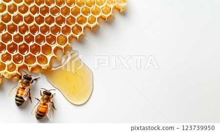 Close-Up of Honeycomb with Bees and Dripping Honey on a Clean White Background 123739950
