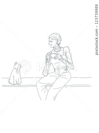 Woman drinking coffee with cat Woman drinking coffee with cat 123739989