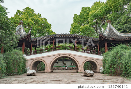 Elegant traditional Chinese bridge nestled in a serene park surrounded by lush greenery 123740141